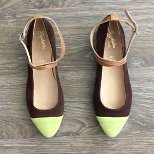 Seychelle’s Ankle Strap Leather Flats W/Neon Toe